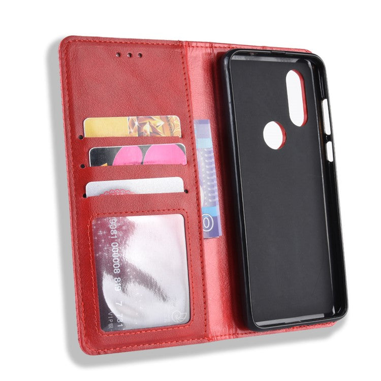 Vintage Style PU Leather Wallet Phone Cover for Motorola One Vision / P50 - Red