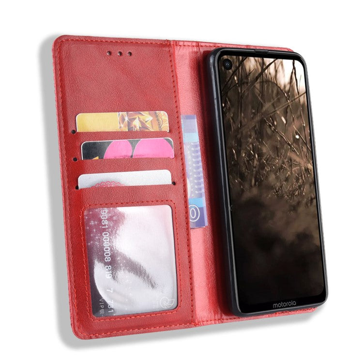 Vintage Style PU Leather Wallet Phone Cover for Motorola One Vision / P50 - Red