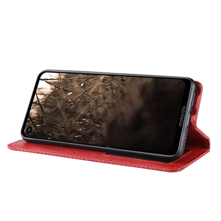 Vintage Style PU Leather Wallet Phone Cover for Motorola One Vision / P50 - Red