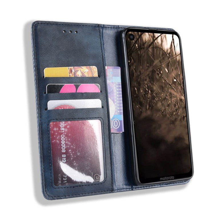Vintage Style PU Leather Wallet Phone Cover for Motorola One Vision / P50 - Blue