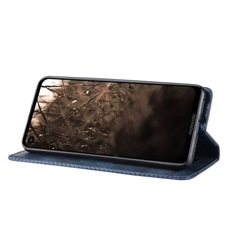 Vintage Style PU Leather Wallet Phone Cover for Motorola One Vision / P50 - Blue