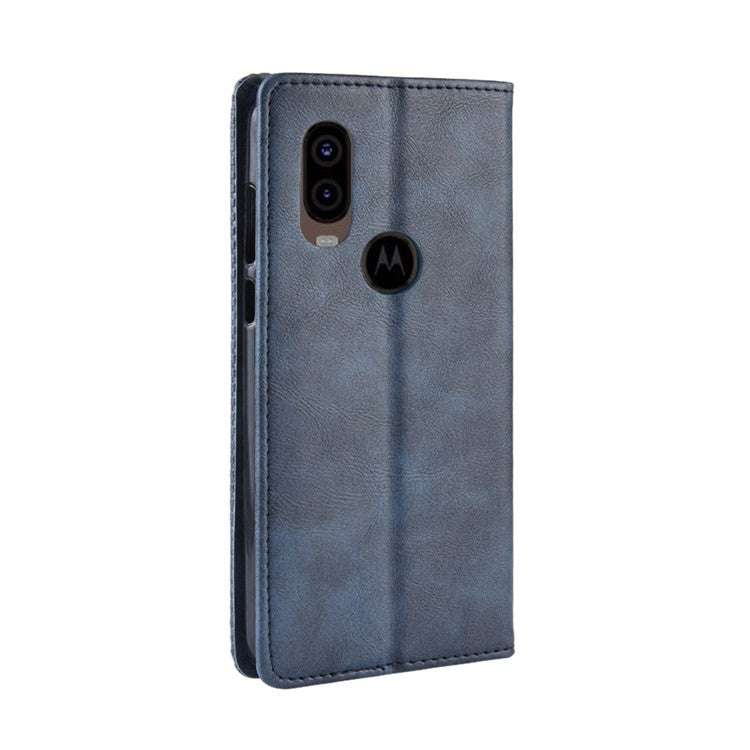 Vintage Style PU Leather Wallet Phone Cover for Motorola One Vision / P50 - Blue