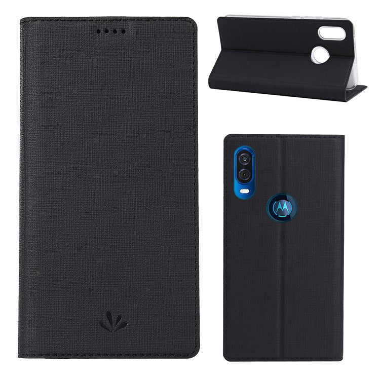 VILI DMX Cross Texture Leather Stand Case with Card Slot for Motorola One Vision / P50 - Black