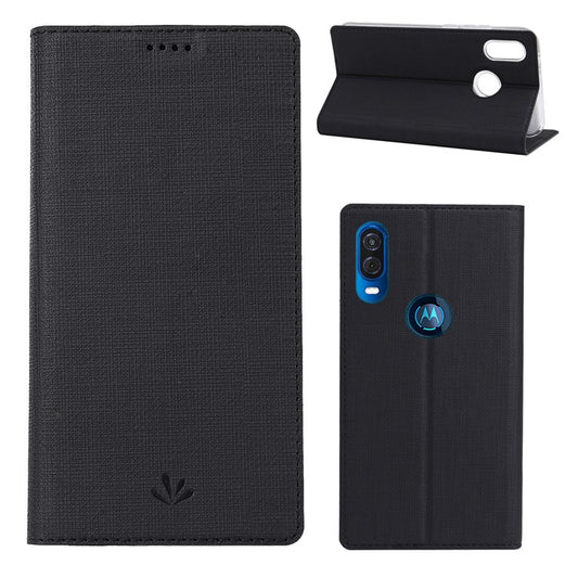 VILI DMX Cross Texture Leather Stand Case with Card Slot for Motorola One Vision / P50 - Black