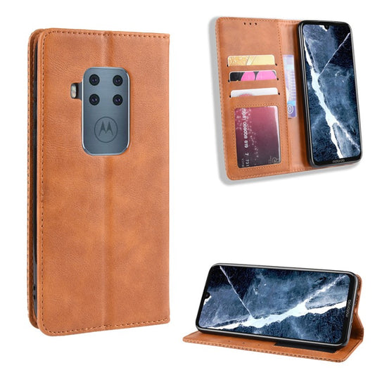 Auto-absorbed Retro Style Wallet Stand Flip Leather Case for Motorola One Zoom - Light Brown