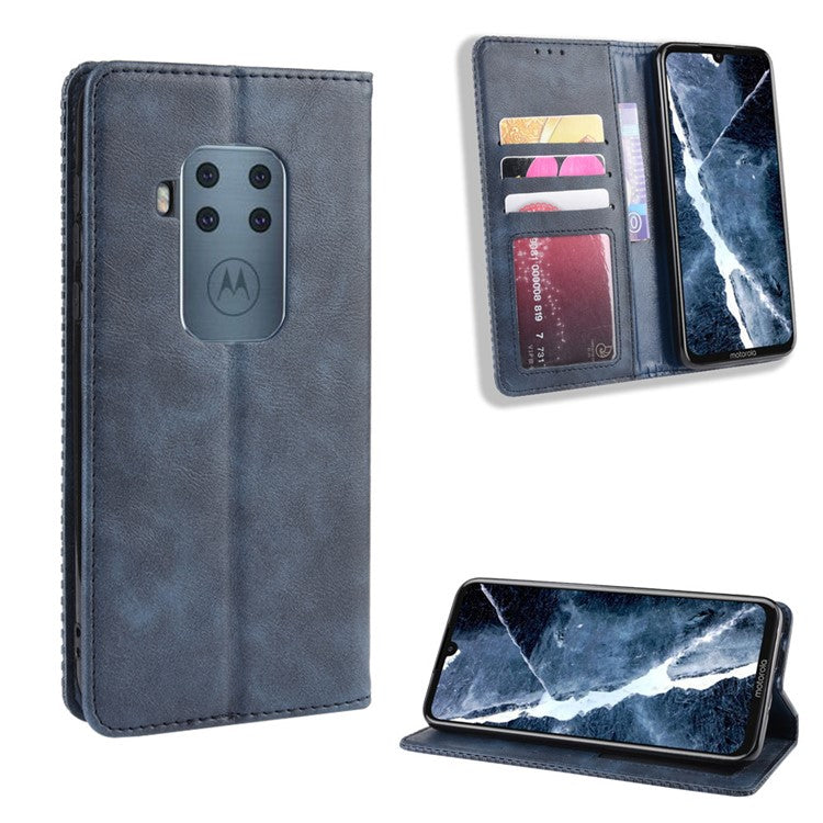 Auto-absorbed Retro Style Wallet Stand Flip Leather Case for Motorola One Zoom - Blue