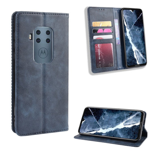 Auto-absorbed Retro Style Wallet Stand Flip Leather Case for Motorola One Zoom - Blue