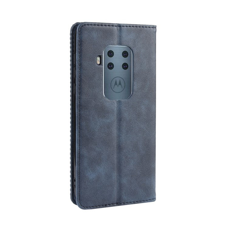 Auto-absorbed Retro Style Wallet Stand Flip Leather Case for Motorola One Zoom - Blue