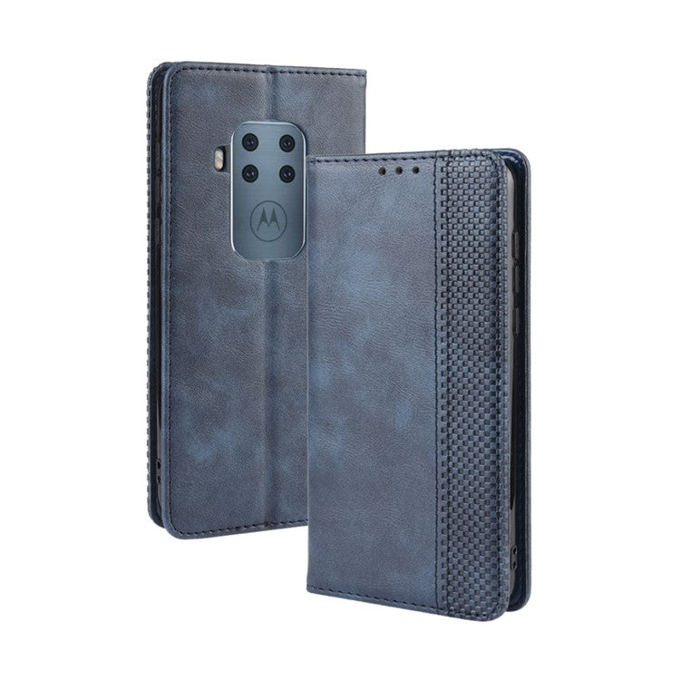 Auto-absorbed Retro Style Wallet Stand Flip Leather Case for Motorola One Zoom - Blue