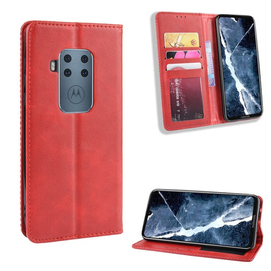 Auto-absorbed Retro Style Wallet Stand Flip Leather Case for Motorola One Zoom - Red