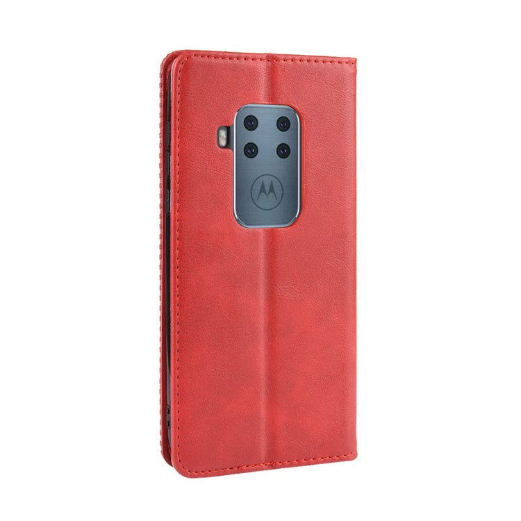 Auto-absorbed Retro Style Wallet Stand Flip Leather Case for Motorola One Zoom - Red