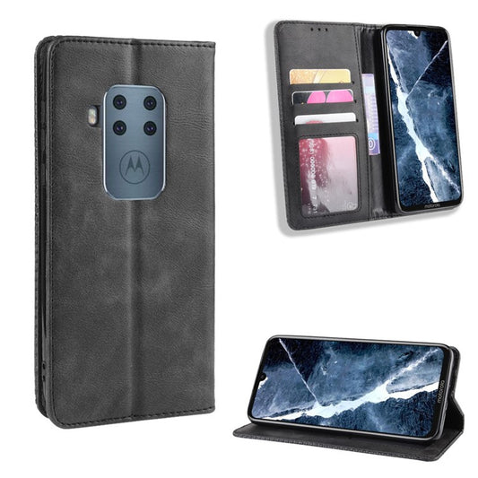 Auto-absorbed Retro Style Wallet Stand Flip Leather Case for Motorola One Zoom - Black