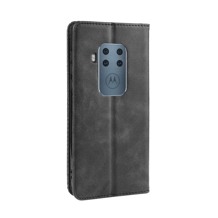 Auto-absorbed Retro Style Wallet Stand Flip Leather Case for Motorola One Zoom - Black