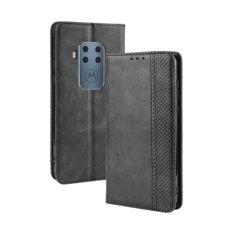 Auto-absorbed Retro Style Wallet Stand Flip Leather Case for Motorola One Zoom - Black