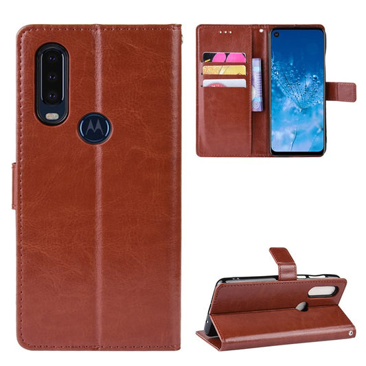 Crazy Horse Leather Stand Wallet Phone Shell for Motorola One Action - Brown