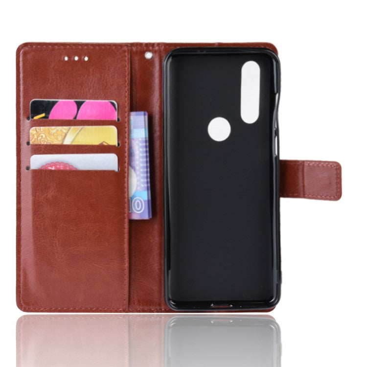 Crazy Horse Leather Stand Wallet Phone Shell for Motorola One Action - Brown