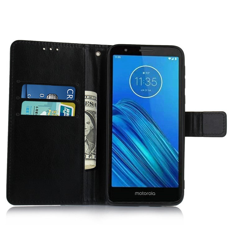 Crazy Horse Texture Leather Stand Phone Cover Wallet Case for Motorola Moto E6 - Black