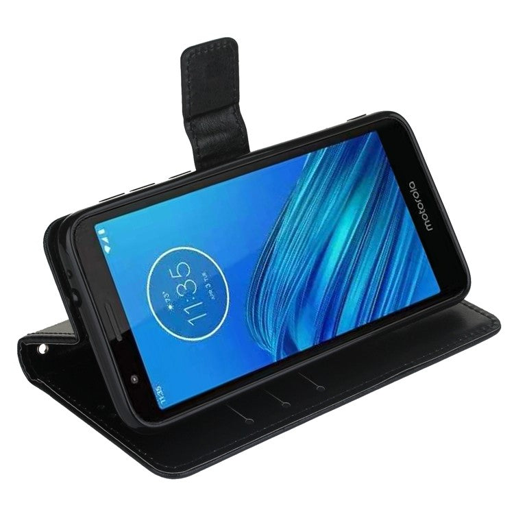 Crazy Horse Texture Leather Stand Phone Cover Wallet Case for Motorola Moto E6 - Black