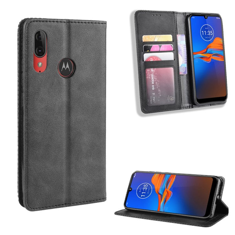 Retro Style Flip Leather Wallet Stand Protective Case for Motorola Moto E6 Plus/E6s (2019)/E6s - Black