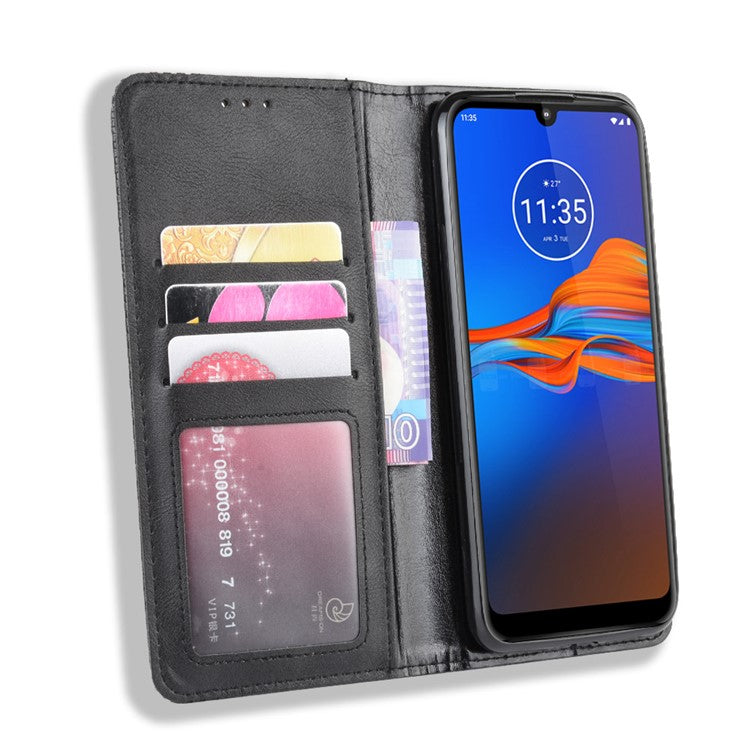 Retro Style Flip Leather Wallet Stand Protective Case for Motorola Moto E6 Plus/E6s (2019)/E6s - Black