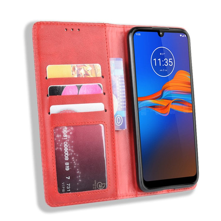 Retro Style Flip Leather Wallet Stand Protective Case for Motorola Moto E6 Plus/E6s (2019)/E6s - Red