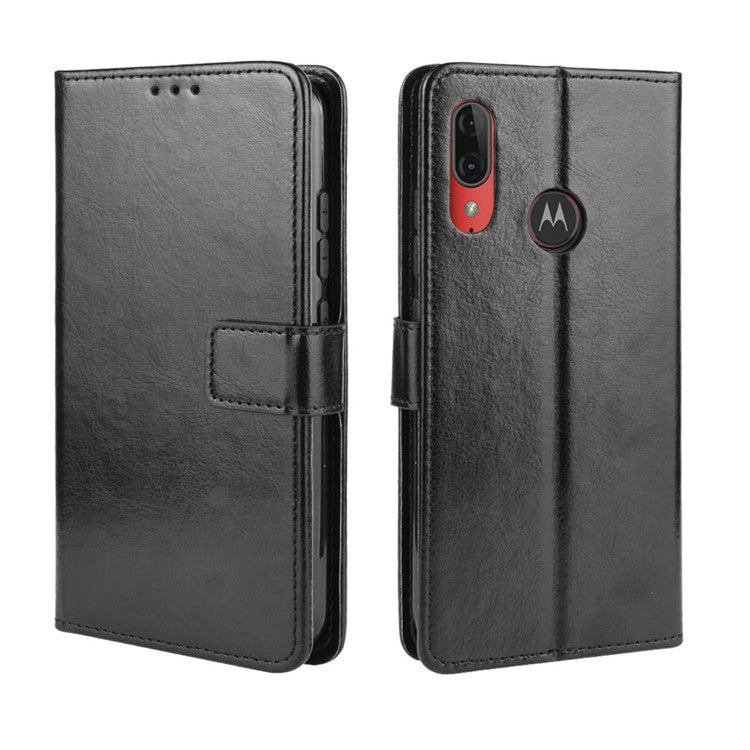 Crazy Horse Skin Leather Wallet Phone Case for Motorola Moto E6 Plus / E6s - Black