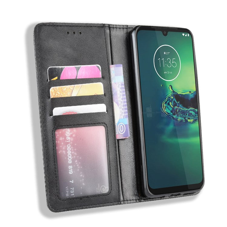 Vintage Style Stand Leather Wallet Stand Case for Motorola Moto G8 Plus - Black