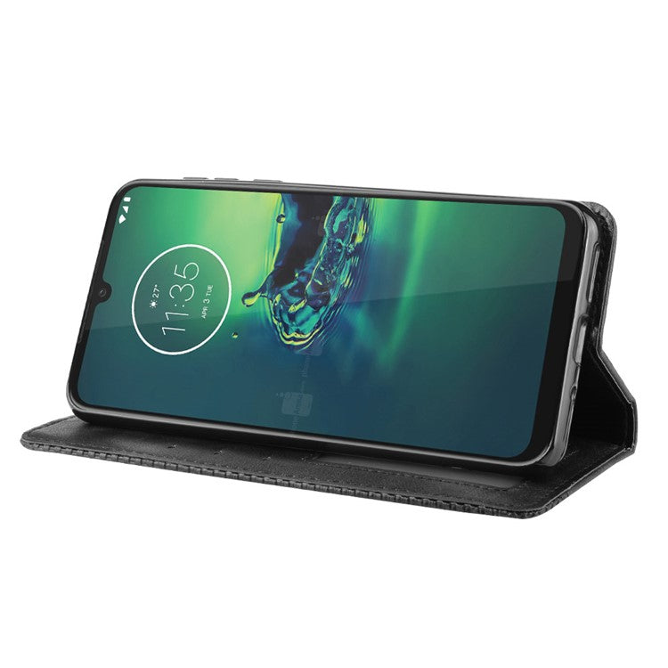 Vintage Style Stand Leather Wallet Stand Case for Motorola Moto G8 Plus - Black