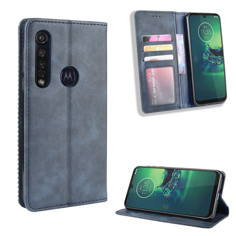 Vintage Style Stand Leather Wallet Stand Case for Motorola Moto G8 Plus - Blue