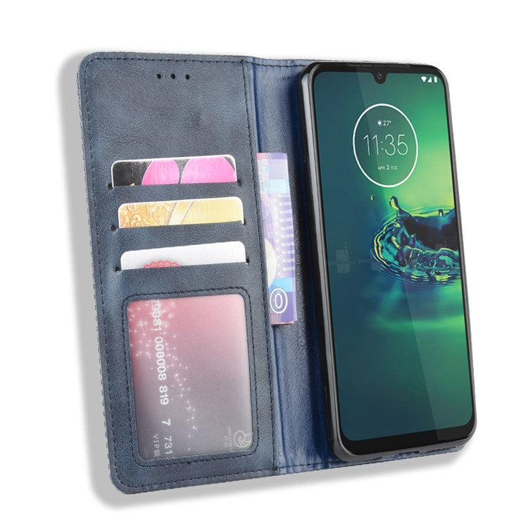 Vintage Style Stand Leather Wallet Stand Case for Motorola Moto G8 Plus - Blue