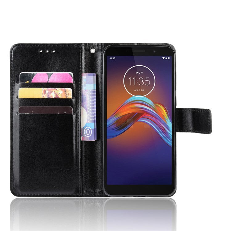 Crazy Horse Surface Leather Wallet Shell Case for Motorola Moto E6 Play - Black