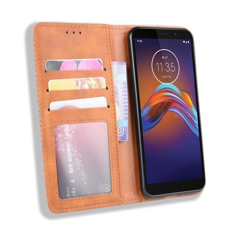 Retro Style Skin PU Leather Wallet Cover for Motorola Moto E6 Play - Brown