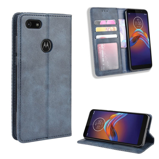 Retro Style Skin PU Leather Wallet Cover for Motorola Moto E6 Play - Blue