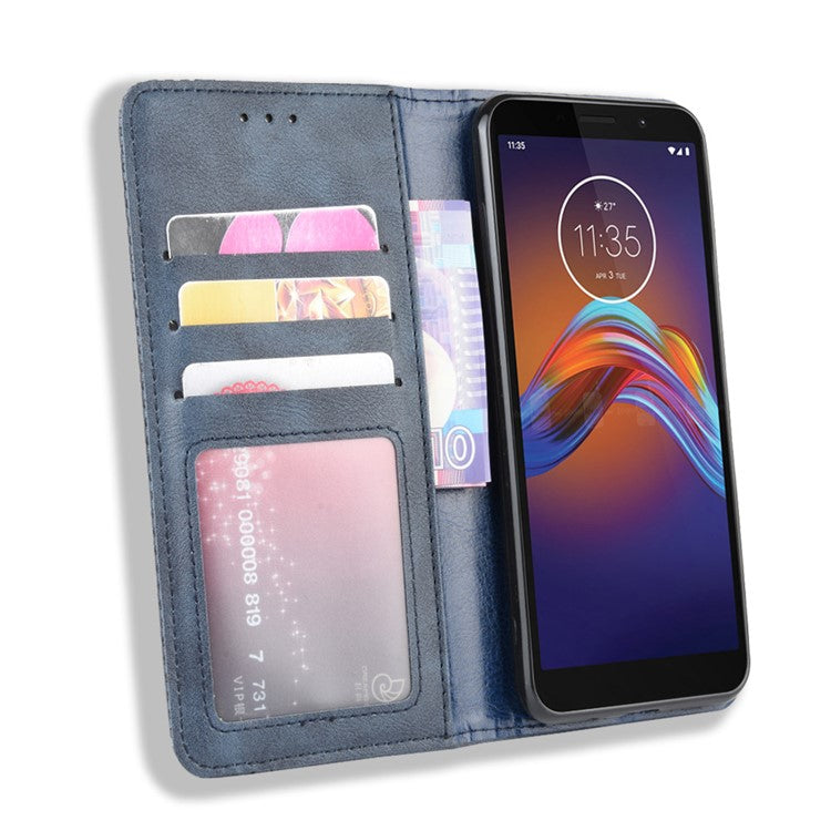 Retro Style Skin PU Leather Wallet Cover for Motorola Moto E6 Play - Blue