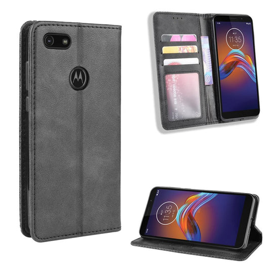 Retro Style Skin PU Leather Wallet Cover for Motorola Moto E6 Play - Black