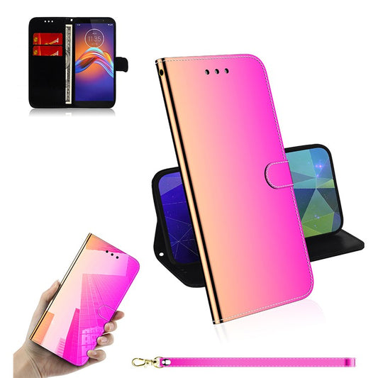 Mirror-like Surface Flip Leather Wallet Stand Phone Cover for Motorola Moto E6 Play - Pink