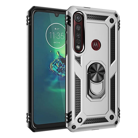 Hybrid PC TPU Kickstand Armor Mobile Phone Casing for Motorola Moto G8 Plus - Silver