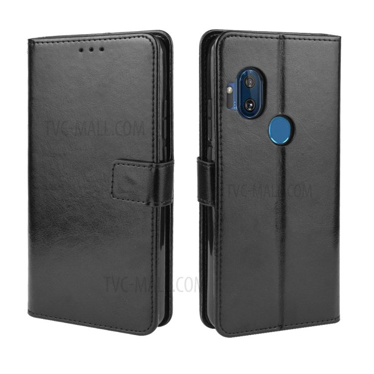 Crazy Horse Wallet Leather Case with Strap Shell for Motorola One Hyper - Black