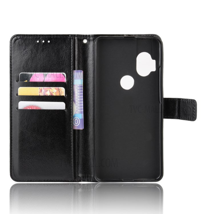 Crazy Horse Wallet Leather Case with Strap Shell for Motorola One Hyper - Black