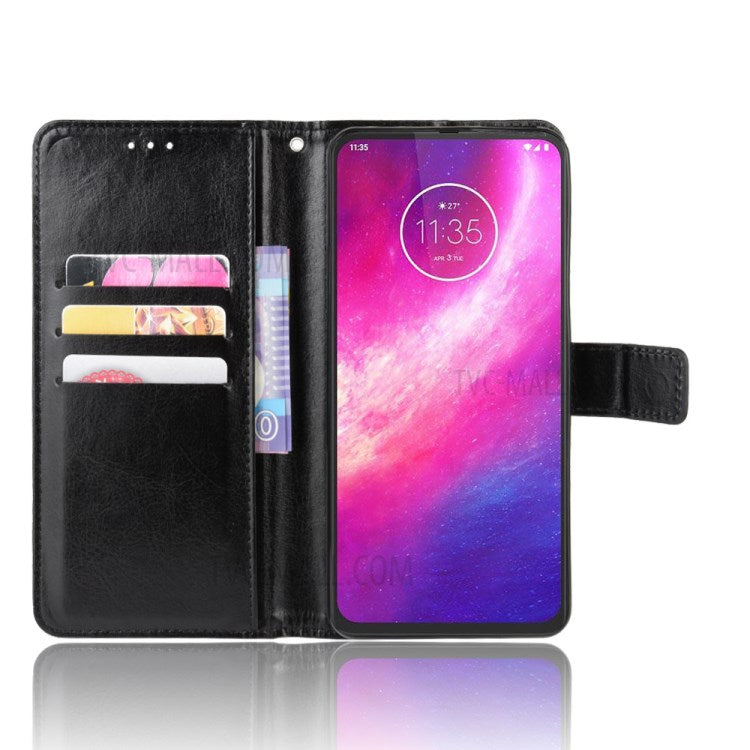 Crazy Horse Wallet Leather Case with Strap Shell for Motorola One Hyper - Black