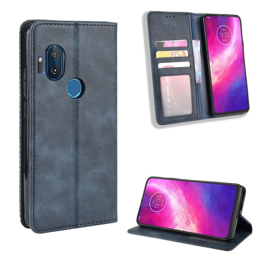 Auto-absorbed Vintage Leather Flip Case Shell for Motorola One Hyper - Blue