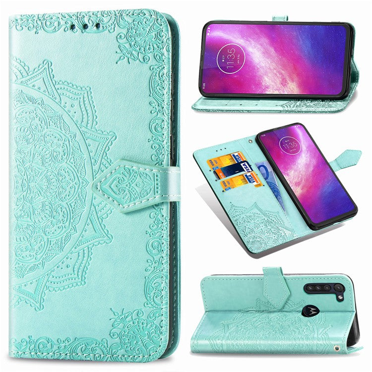 Embossed Mandala Flower Wallet Leather Protective Shell Case for Motorola Moto G8 Power - Cyan