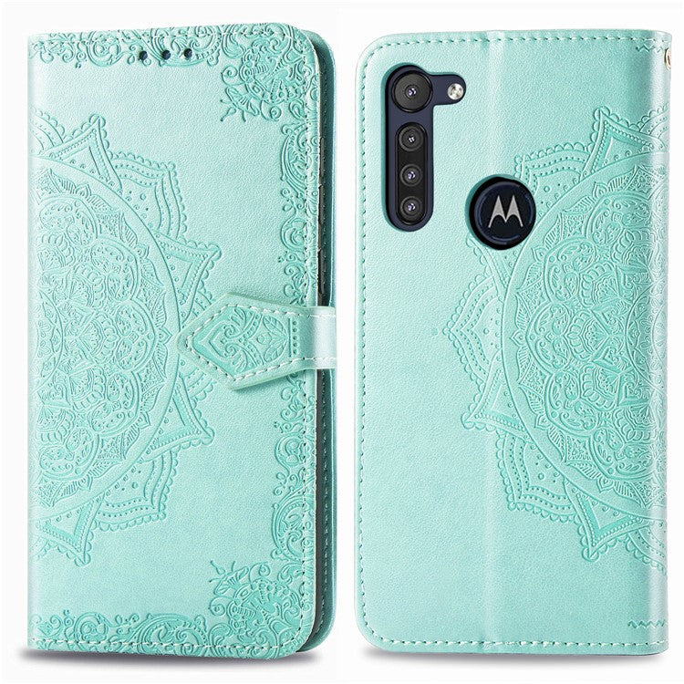 Embossed Mandala Flower Wallet Leather Protective Shell Case for Motorola Moto G8 Power - Cyan