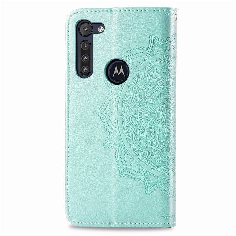 Embossed Mandala Flower Wallet Leather Protective Shell Case for Motorola Moto G8 Power - Cyan