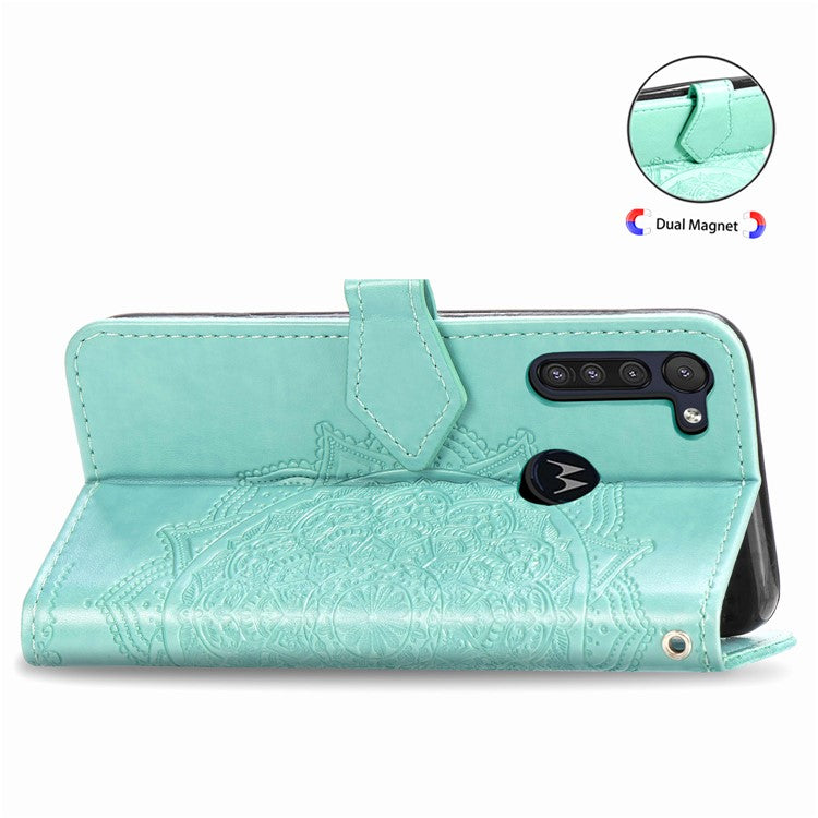 Embossed Mandala Flower Wallet Leather Protective Shell Case for Motorola Moto G8 Power - Cyan