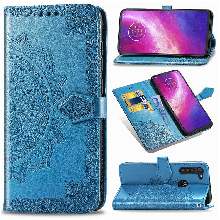Embossed Mandala Flower Wallet Leather Protective Shell Case for Motorola Moto G8 Power - Blue