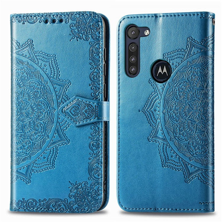 Embossed Mandala Flower Wallet Leather Protective Shell Case for Motorola Moto G8 Power - Blue