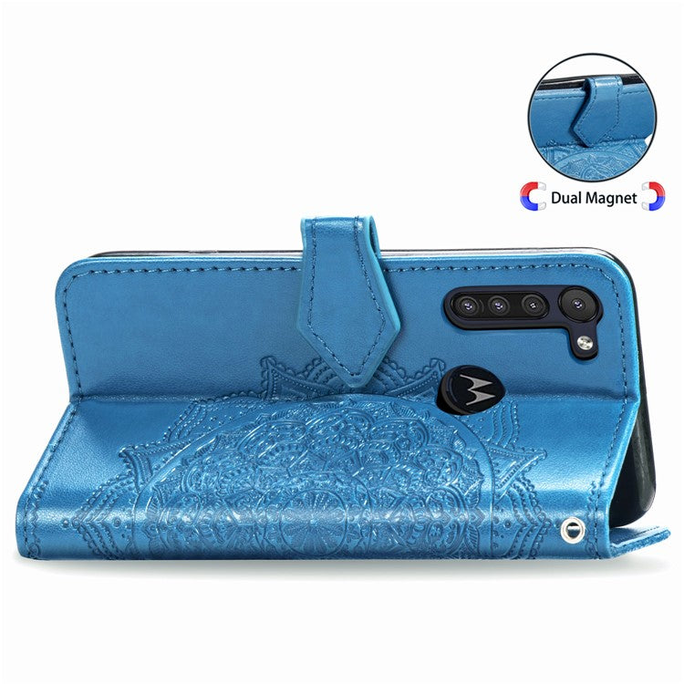 Embossed Mandala Flower Wallet Leather Protective Shell Case for Motorola Moto G8 Power - Blue