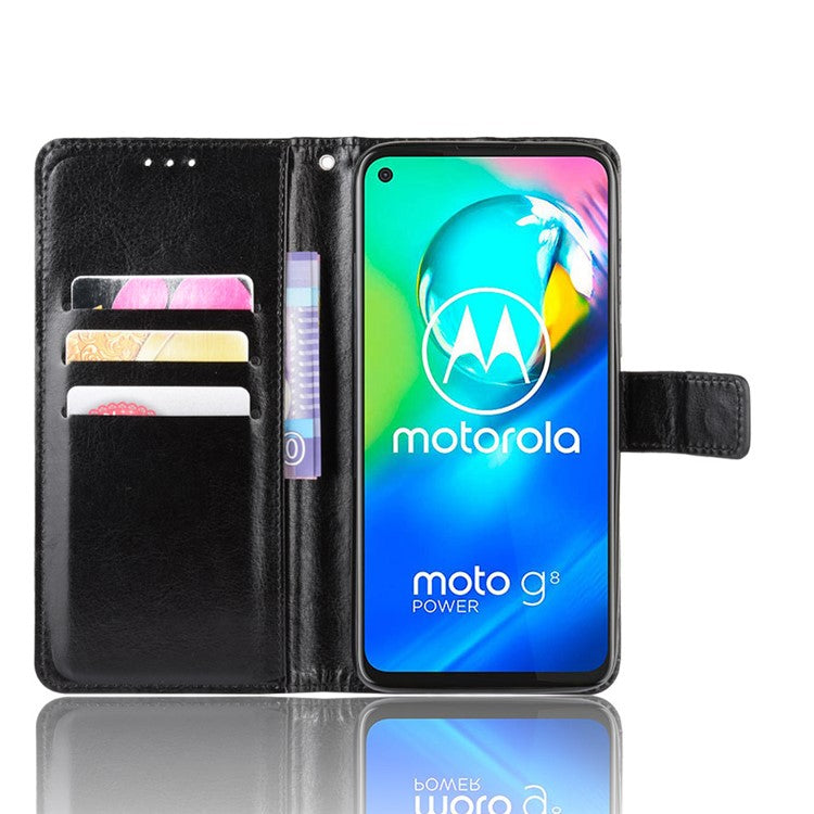 Crazy Horse Wallet Leather Cover with Strap for Motorola Moto G8 Power - Black