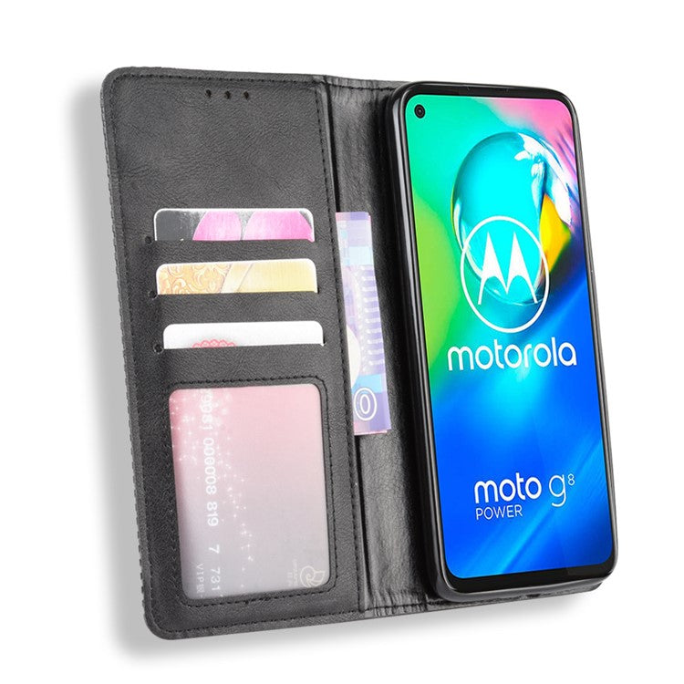 Vintage Style Magnetic Leather Wallet Phone Case for Motorola Moto G8 Power - Black